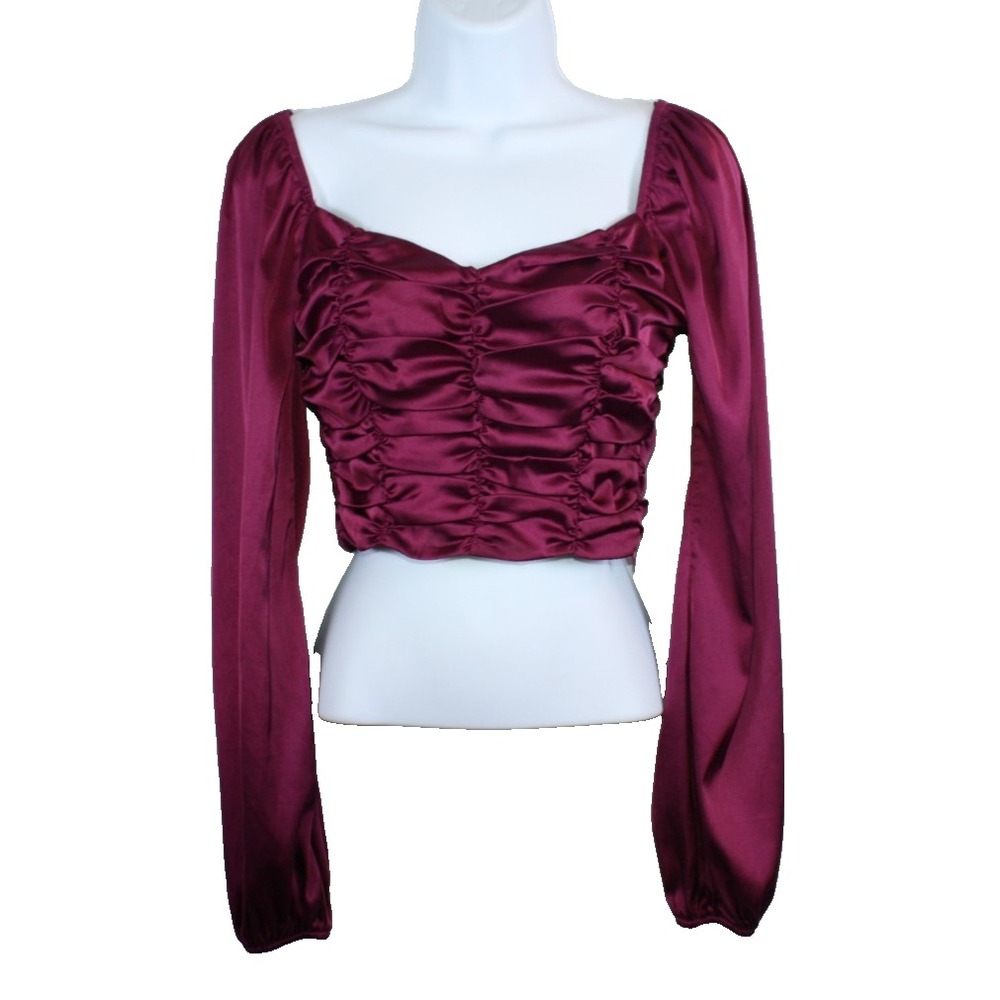 Forever 21 Blouse Womens Small Burgundy Wine Ruched Long Sleeved Romantic Top